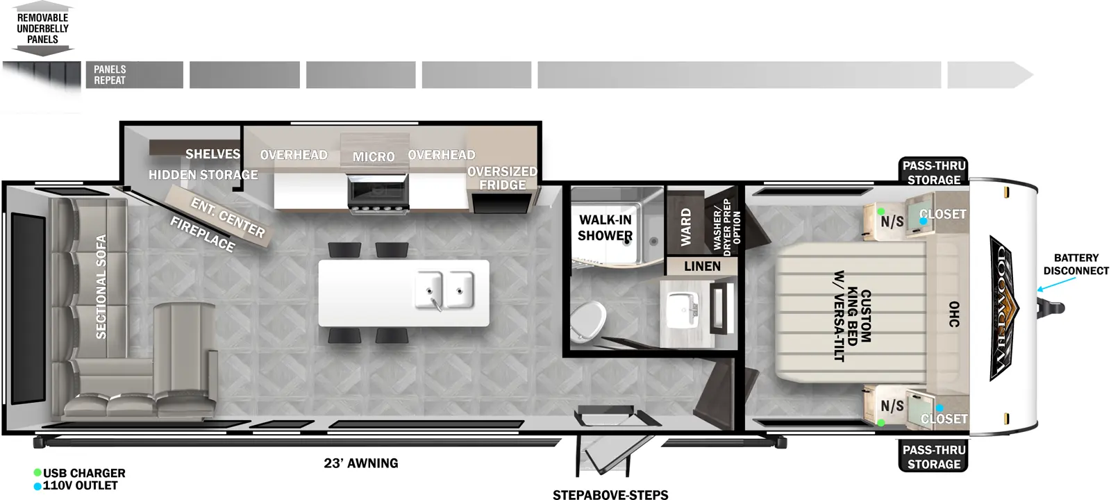 The 28VIEW has one slideout and one entry. Exterior features removable underbelly panels, 23 foot awning, battery disconnect, StepAbove steps, and front pass-thru storage. Interior layout front to back: foot facing custom king bed with versa-tilt, overhead cabinet, closet and nightstand on each side, and off-door side wardrobe with optional washer/dryer prep; off-door side full bathroom with walk-in shower and linen closet; entry door outside of bathroom; off-door side slideout with oversized refrigerator, overhead cabinets, microwave, and entertainment center with fireplace, and hidden storage shelves behind; kitchen island with sink and bar stools; sectional sofa wraps around the rear to the door side.